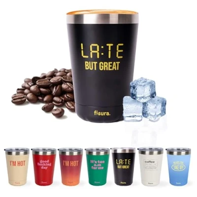 Immagine di Fisura Tazza Bicchiere termico originale “Late but great. thermo da caffè portare via nero. viaggio 310 ml. termica in acciaio inossidabile. Senza BPA. per auto.