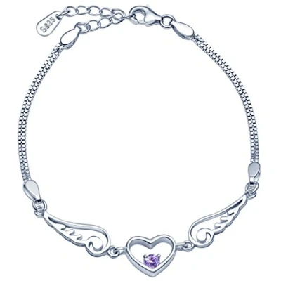 Immagine di Infinite U, bracciale Link con charm, ciondolo a forma di cuore e ali angelo, in argento sterling 925, zircone cubico colore viola catena doppio filo estensione