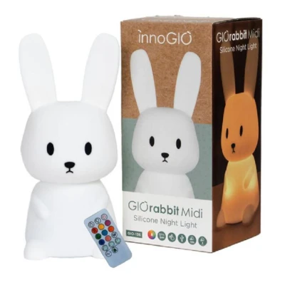 Immagine di InnoGIO GIOrabbit midi, Luce notturna per bambini a forma di Coniglio, Morbido Silicone, 8 colori alternati, Ricarica Cavo USB, Telecomando, Lampada da comodino adatta anche ai Neonati