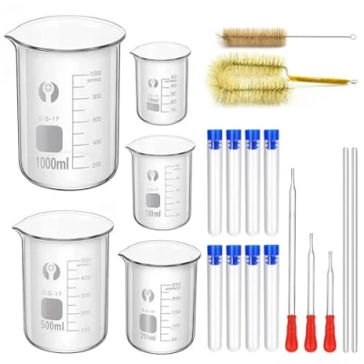 Immagine di ZEEROQOLAB Becher Graduato in Vetro Borosilicato, Misurazione Bicchiere 1000ml/500ml/250ml/100ml/50ml con 8 Provette di Plastica, 3 Contagocce, 2 Barra Agitazione,2 Spazzolini Pulizia