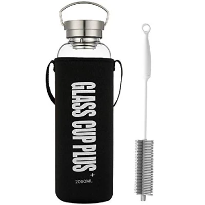 Immagine di sunkey Bottiglia Acqua 2 Litri in Vetro Borosilicato Trasparente Portatile Leakproof Tappo Manico Neoprene Custodia Bpa Free