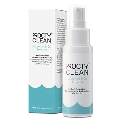 Immagine di ProctyClean Olio alla Vitamina e l&#039;alternativa tua pomata o crema contro infiammazioni, irritazioni, prurito dolori nella regione perianale. Molto più di un detergente intimo per donna uomo.