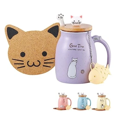 Immagine di Simpatica tazza in ceramica, motivo gatto, con coperchio adorabile cucchiaio zampa di sottobicchiere stile Kawaii, idea regalo per Natale, caffè, tè, latte, 380 ml