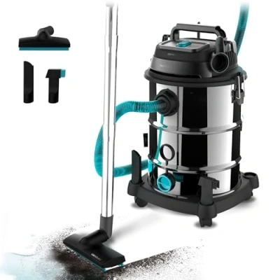 Immagine di Cecotec Aspiratore per solidi e liquidi 30 L Conga Rockstar Wet &amp; Dry Steel Pro. 1600 W, 23 kPa, Sistema di drenaggio, Aspirapolvere soffiante, Struttura in metallo, Ruote, Raggio d&#039;azione 5 m