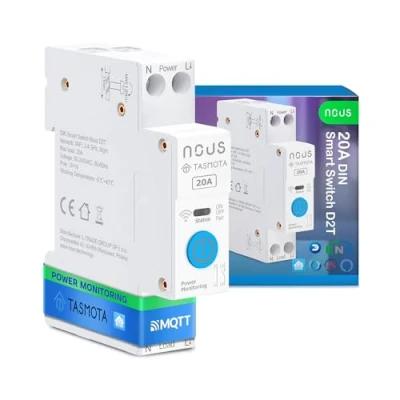 Immagine di Nous Interruttore intelligente DIN 20A con Tasmota (ESP32), monitoraggio dell&#039;energia, compatibile MQTT, Home Assistant, Matter, controllo vocale Alexa, Google Assistant