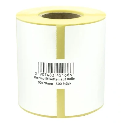 Immagine di MD Labels etichette termiche bianche su rotolo 90 x 70 mm, 500 pezzi, autoadesive permanenti, per codici a barre, adesive scrivere