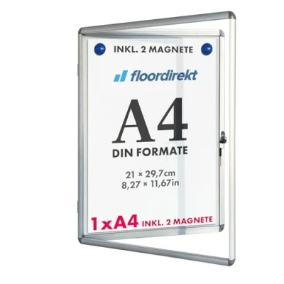 Immagine di Floodirekt Vetrina da parete, 1 x DIN A4, con cornice in alluminio e vetro acrilico, magneti, scatola di informazioni, appendere alla parete magnetica scrivibile