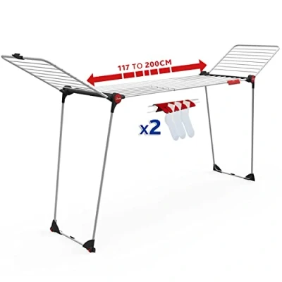 Immagine di Vileda Infinity Flex Plus, stendibiancheria di grandi dimensioni, griglia telescopica estensibile fino a 2 mt, ali alte, 30 mt stenditura, due supporti per piccoli capi