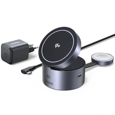 Immagine di UGREEN MagFlow Caricatore Wireless 3 in 1 Certificato Qi2 da 15W Regolabile e Pieghevole a 70 per iPhone 16/15/14/13/Watch/AirPods Con 45W