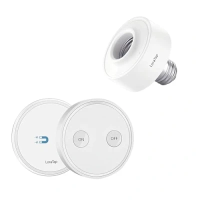 Immagine di Portalampada E27 Senza Fili con Telecomando, LoraTap Adattatore per Lampadina + Interruttore Luce Wireless Base a Parete, 200m On/Off Light Switch Kit Controllo Remoto Lampade LED