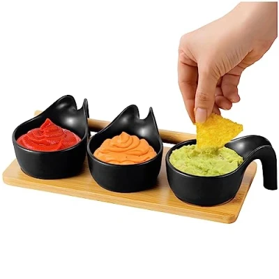 Immagine di Konzept 11 Set di ciotole per salse, in nero, con piatto da portata legno, 3 pezzi, ciotola antipasti, salsa, ketchup, snack