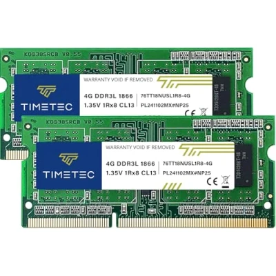 Immagine di Timetec Kit da 8 GB (2 x 4 GB) DDR3 1866 MHz PC3 14900 Non ECC Unbuffered 1,35 V/1,5 V CL13 1Rx8 Single Rank 204 Pin SODIMM Laptop Notebook PC Computer Memoria RAM Module Aggiornamento