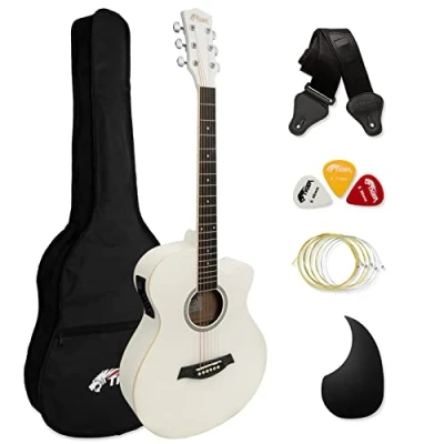 Immagine di TIGER ACG4 WH Chitarra elettroacustica 4/4 misura intera per principianti con equalizzatore a 3 bande integrato La confezione include custodia, tracolla e corde di ricambio Bianco