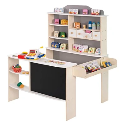 Immagine di roba Negozio Giocattolo per Bambini con 4 Cassetti, Lavagna, Bancone Frontale e Laterale Accessori Inclusi Gioco Olistico Legno Laccato Bianco/Grigio