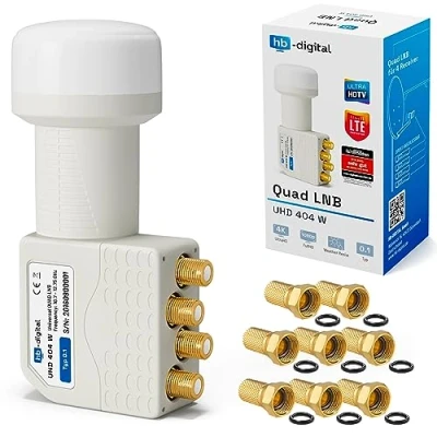 Immagine di HB DIGITAL QUAD LNB 4 volte DVB S S2 FULL HD TV 3D 4K UHD SAT Partecipanti Con Protezione Dalle Intemperie + 8x F plug Placcati Oro