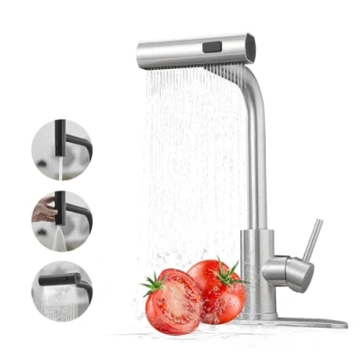 Immagine di Rubinetto da Cucina con Spruzzatore Estraibile, a Cascata in Acciaio Inossidabile, Per Lavello Monocomando Estraibile 3 Funzioni