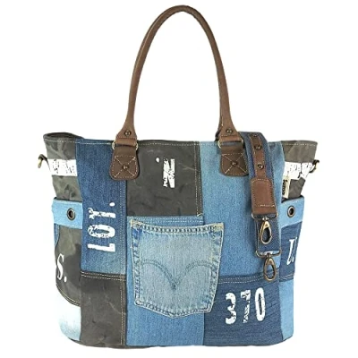 Immagine di Sunsa borsa a mano da donna, misura XXL, in tela riciclata, jeans e pelle, spiaggia sostenibile, con chiusura cerniera, stile toppa, tracolla vintage