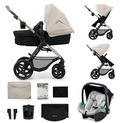 Immagine di Kinderkraft MOOV2 Trio passeggino neonati 3 in 1 fino 26 kg, con Ovetto I SIZE 40 75 cm, Carrozzina reversibile fronte mamma e strada, Schienale regolabile, Ruote EVA, Grigio