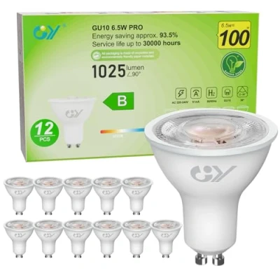 Immagine di GY Lampadina LED GU10, 6.5W Equivalenti a 100 Watt Alogeni, 1025 Lumen, 4000K Bianco Neutro, Attacco GU10 Lampada Faretto 36, Lunga Durata e Basso Consumo, 12 Pezzi