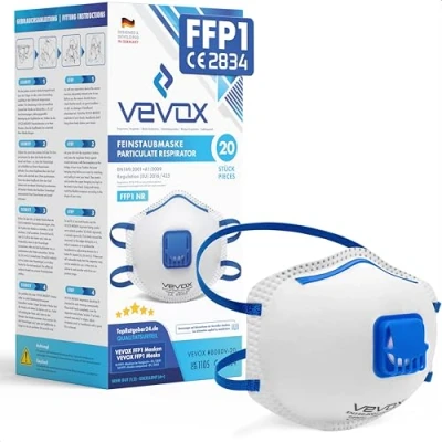 Immagine di VEVOX® Mascherine FFP1 scatola da 5, 10, 20 o 5000 con guarnizione comfort light mascherina maschera filtrante respiratoria FFP 1 valvola certificata CE per la massima protezione