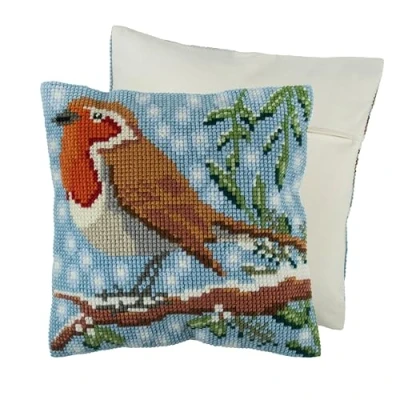 Immagine di Trimits Kit per cuscino a punto croce, retro incluso, tela prestampata, filato e ago 40 x cm, pettirosso, GCS70, cm