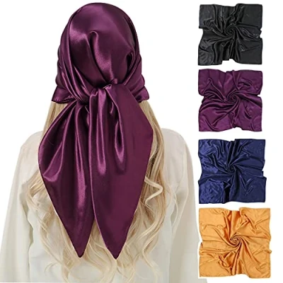 Immagine di KAVINGKALY 4 pz Raso Quadrato Capelli Sciarpe Grande Silky Feeling Lungi Sciarpa e Wraps Headscarf per le Donne