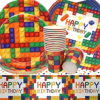 Immagine di Building Block Stoviglie per Feste,Doyomtoy Decorazioni Feste di Compleanno Blocchi Piatti Tazze Tovaglioli Tovaglie Bambini 16 porzioni