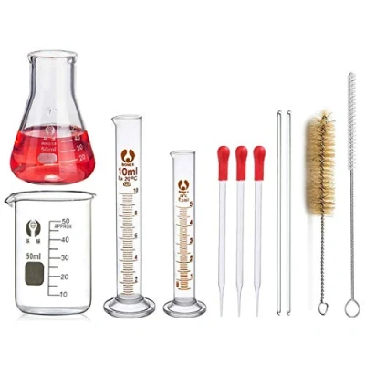 Immagine di Pallone Graduato in Vetro Borosilicato, JESSTOLO 50ml Erlenmeyer Boccette di Vetro, Becher Graduato, 10ml/5ml Cilindro con 3 Contagocce, 2 Spazzolini Pulizia et Barra Agitazione