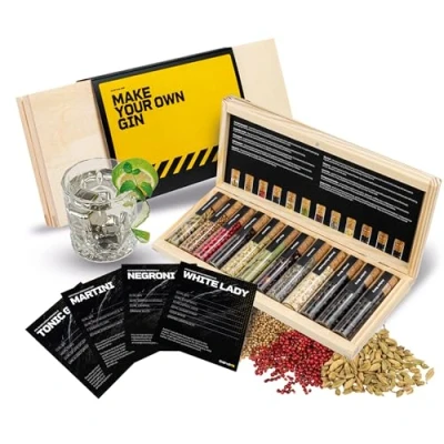 Immagine di DIBYS Mini Kit Gin Botanico Set Fai Da Te con 12 Spezie Naturali per Tonic e Cocktail di Infusione Carte Ricetta Scatola in Legno Regalo Uomini Donne Fare