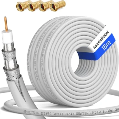 Immagine di HB Digital Cavo satellitare coassiale HQ 135 PRO, 130 dB, schermatura quadrupla per impianti DVB S/S2 C e T BK, incluso set di 10 connettori F dorati 15m bianco
