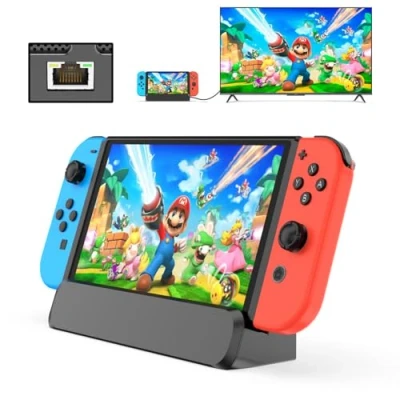 Immagine di RREAKA 6 in 1 Switch Dock for Nintendo OLED TV Adapter Docking Station with HDMI 1000 Mbit RJ45 Ethernet LAN 3 USB 2.0 Port Type C Charging Connectors Travel Base Portable Stand
