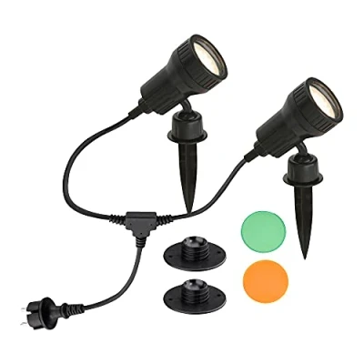 Immagine di Set di 2 lampade da esterni con lampadine LED GU10 3 W 250 lm, filtro colore arancione, verde, picchetto e supporto parete, testa orientabile girevole, cavo 2,0 m, IP44, nero