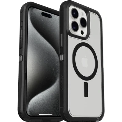 Immagine di OtterBox cover per iPhone 15 Pro Max Defender XT con MagSafe, resistente a shock e cadute, ultra robusta, testata 5x vs le norme anti caduta MIL STD 810G,Trasparente/Nero