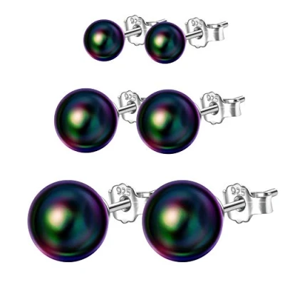 Immagine di Yumilok 3/6 paia di orecchini da donna in argento Sterling 925, rotondi, perle 4, 6, 8 mm, colore bianco e nero, set gioielli per ragazze Argento, colore: Nero , cod. Y20102 black