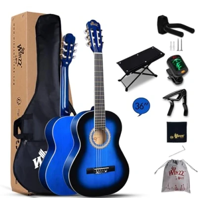 Immagine di Winzz 3/4 chitarra classica per ragazzi studenti adolescenti principianti con Nylon String (36 pollici, Blu Glossy)