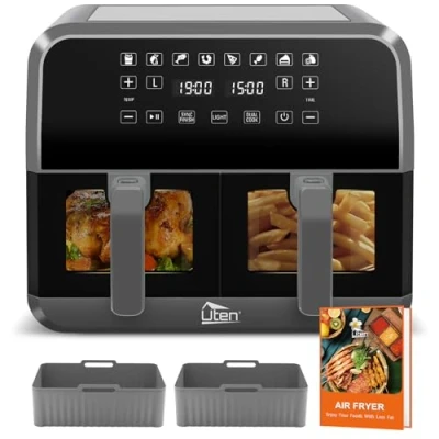 Immagine di Uten Friggitrice ad Aria Doppio Cestello, 8 Litri Air Fryer Visibile, 2 Cuscinetti in Silicone, 114 Ricette, Touch Screen Programmi, SYNC FINISH, Shake Reminder, Lavabile Lavastoviglie