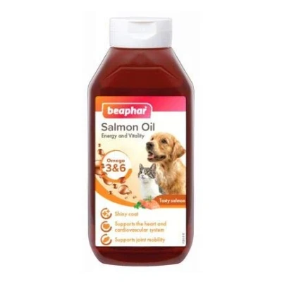 Immagine di Beaphar Olio di Salmone, Integratore Ricco Acidi Grassi, con Omega 3 e 6, Stimlola l&#039;Appetito le Funzioni Immunitarie, da Pesca Sostenibile, per Cani Gatti, 940 ml