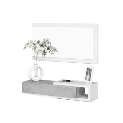 Immagine di Habitdesign Ingresso con cassetto e specchio, mobile da ingresso, modello mezzogiorno, rifinito in bianco Artik cemento, misure: 95 cm (larghezza) x 19 (altezza) 26 (profondità)