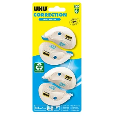 Immagine di UHU Rulli correttori mini Nastro correttore rapido, pulito e preciso, bianco, confezione da 4 6 m x 5 mm