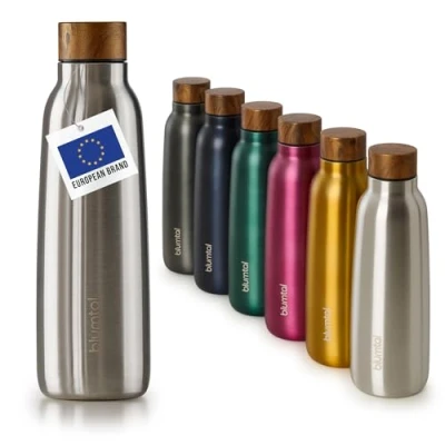 Immagine di Blumtal® borraccia termica acciaio inox Charles 500 ml senza BPA bottiglia a prova di perdite, doppia parete, boraccia 0,5 lt argento con legno