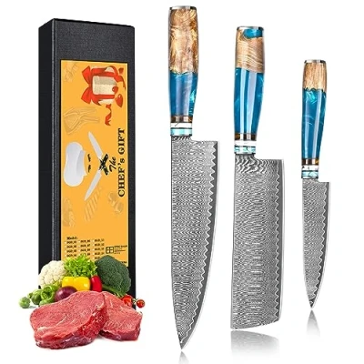 Immagine di oFuun 3 Pezzi Set Coltelli da Cucina Professionali Coltello Damasco 67 Strati, Giapponese Professional Chef Kiritsuke Carne Per E Appassionati