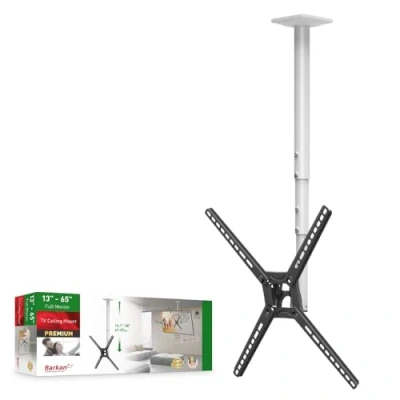 Immagine di Barkan Supporto da soffitto per TV bianco lungo 97 cm, movimento completo, 3 movimenti, piatto/curvo, supporta fino a 40 kg, regolazione telescopica dell&#039;altezza, adatto LED OLED LCD