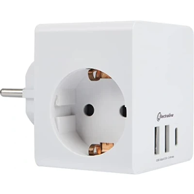 Immagine di Electraline 55085 Adattatore Multipresa Cubo 3 Prese Schuko + USB 3.4A 17W (2USB A 1USB C) per caricare contemporaneamente ogni dispositivo elettronico (Smartphone o Tablet), Spina Schuko, bianco