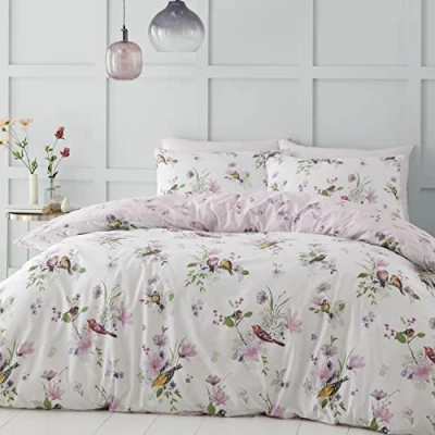 Immagine di Catherine Lansfield Bedding Set copripiumino matrimoniale con federe, motivo: Songbird, colore: Rosa
