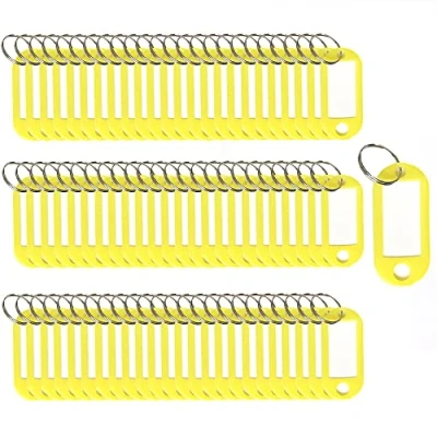 Immagine di 100 targhette portachiavi in plastica per portachiavi, identificative, nome, etichette bagagli, con anelli divisi, (giallo)