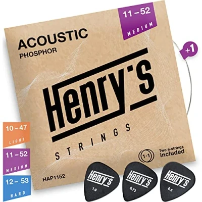 Immagine di Henrys® Corde Chitarra Acustica 011 052 per Bronzo Fosforoso Extra Corda E1 &amp; 3 Plettri Gratis Acoustic Guitar Strings Medium 11 52 Set