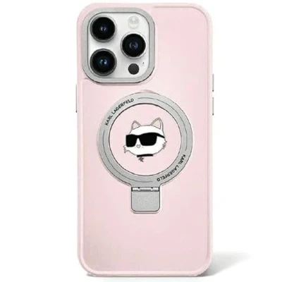 Immagine di Karl Lagerfeld KLHMP15XHMRSCHP Custodia per iPhone 15 Pro Max 6.7&quot; rigida rosa con supporto ad anello Testa Choupette