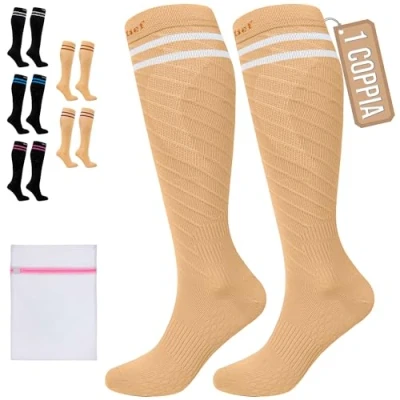 Immagine di 360 Relief Calze Compressione Graduata Classe 1 Donna e Uomo 15 20 mmHg Gambaletti per Aereo, Circolazione, Infermiera, Running, Sports Calzini L/XL Beige