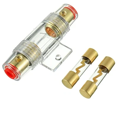 Immagine di BOJACK 1 pezzo portafusibili AGU in linea placcato oro ＆ 2 pezzi fusibile vetro 100A per protezione di sicurezza dell&#039;alimentazione audio automobilistica (100A)
