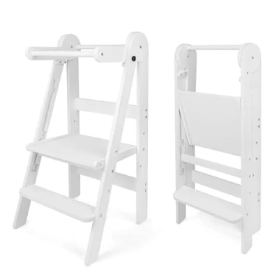 Immagine di 509 Lofty Foldable Learning Tower, Children&#039;s Kitchen Helper, Montessori, Step Stool, Convenient for Storage, 3 Height Standing Board Adjustment, Colour White